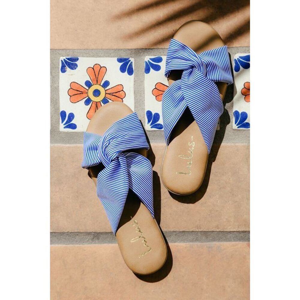 Lulus Santana Blue Striped Slide Sandals - Size 8.5